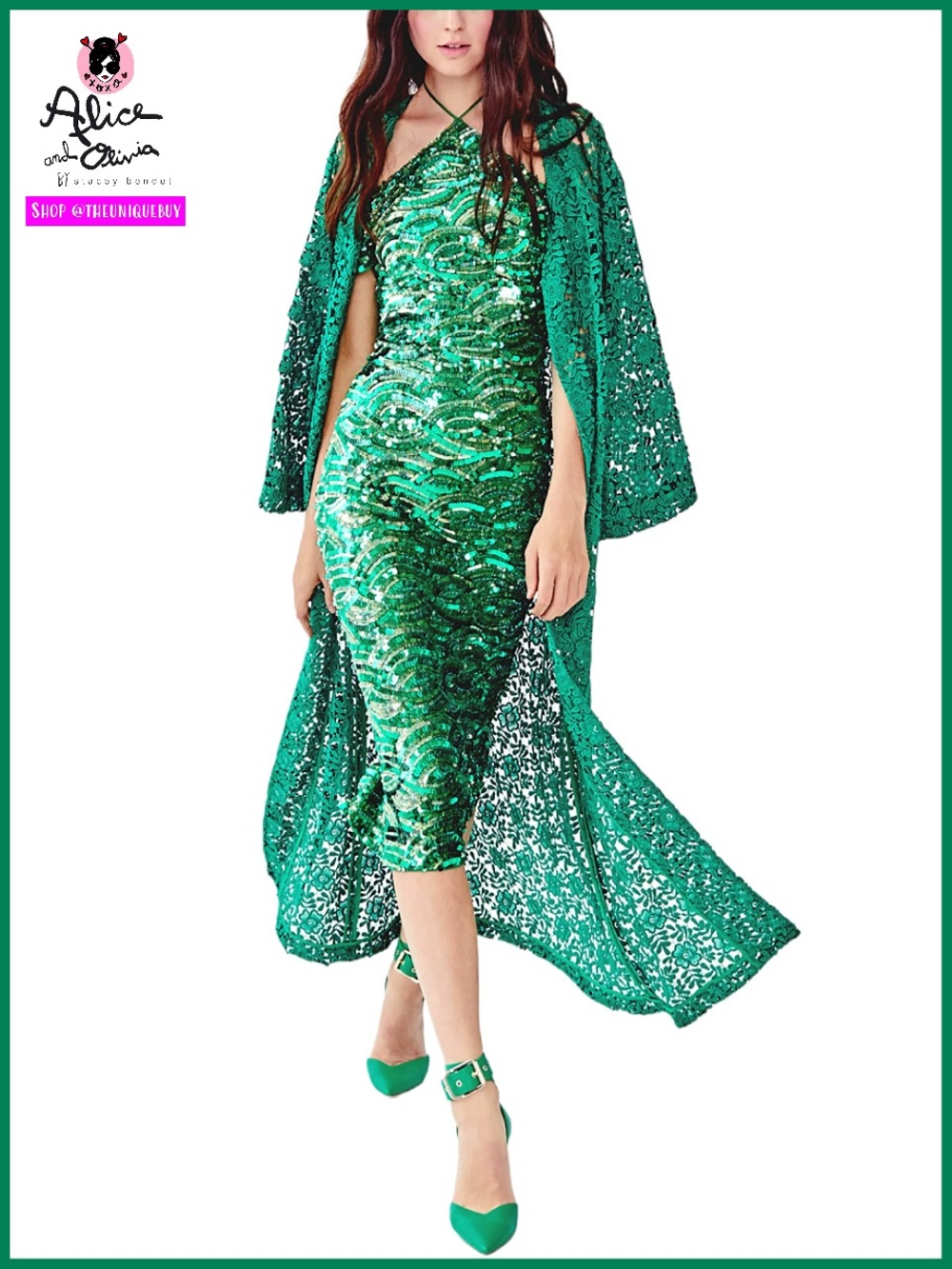 Alice + Olivia Audra Green Sequin Embellished Metallic Midi Dress